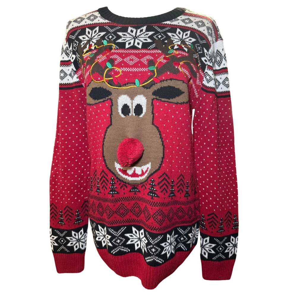 Ugly Christmas Sweater Rudolph Reindeer Sweater, 3D Nose, Festive Holiday, Med
